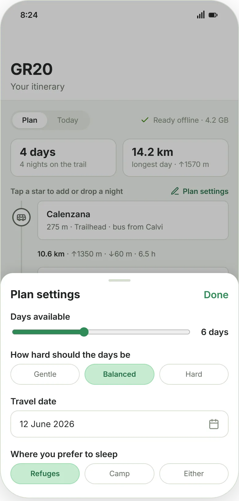 traversly's plan settings: a slider for how many days you have, a choice of gentle, balanced or hard days, a travel date, and whether you prefer refuges, camping or either.